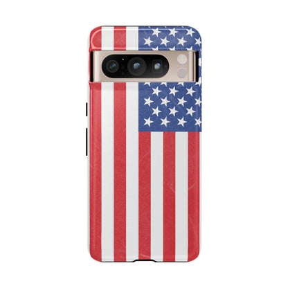 American flag tough phone case for iPhone, durable patriotic phone cover with bold flag design by Printify.