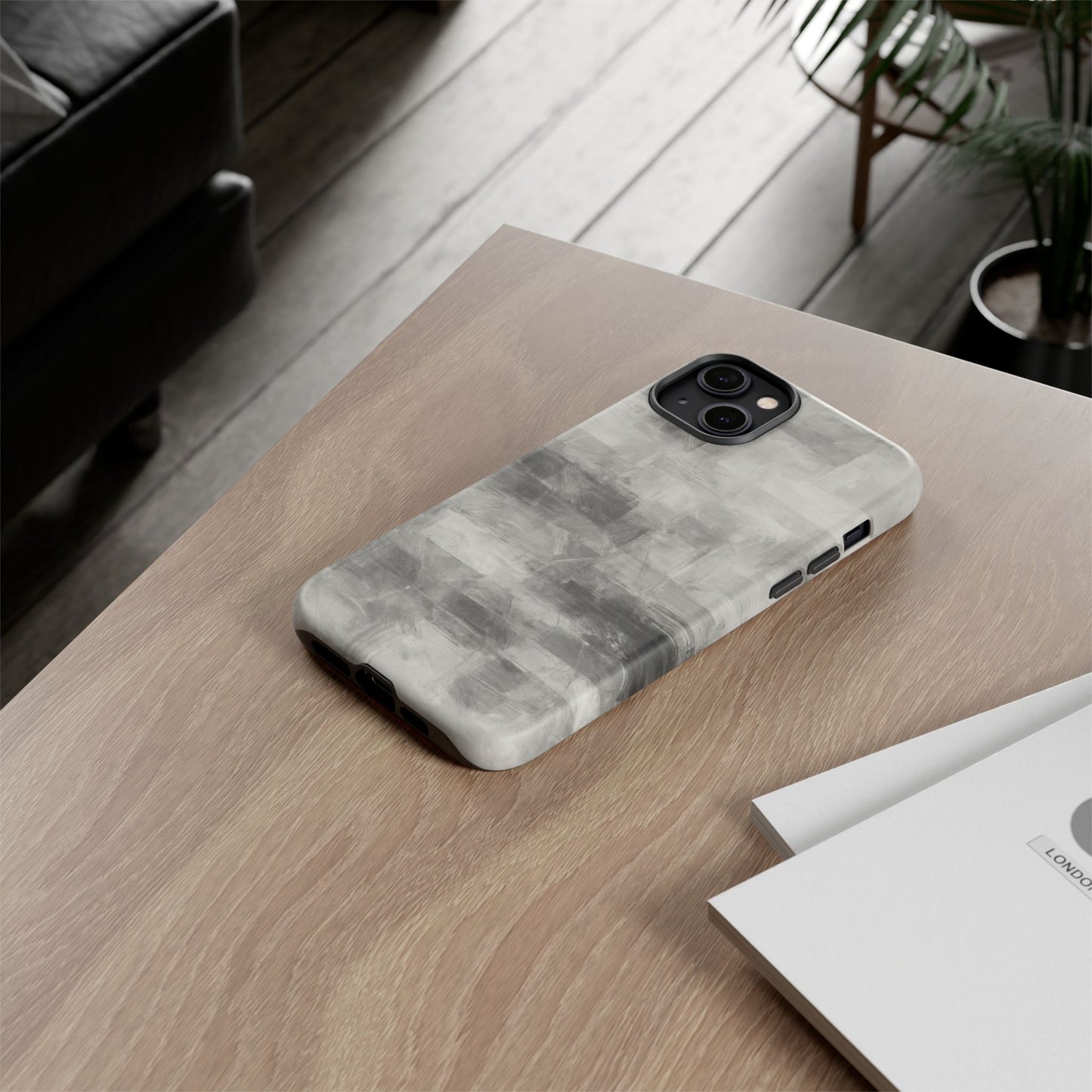 Abstract gray grid phone case for iPhone, tough protective cover by Printify, featuring geometric pattern and durable design.
