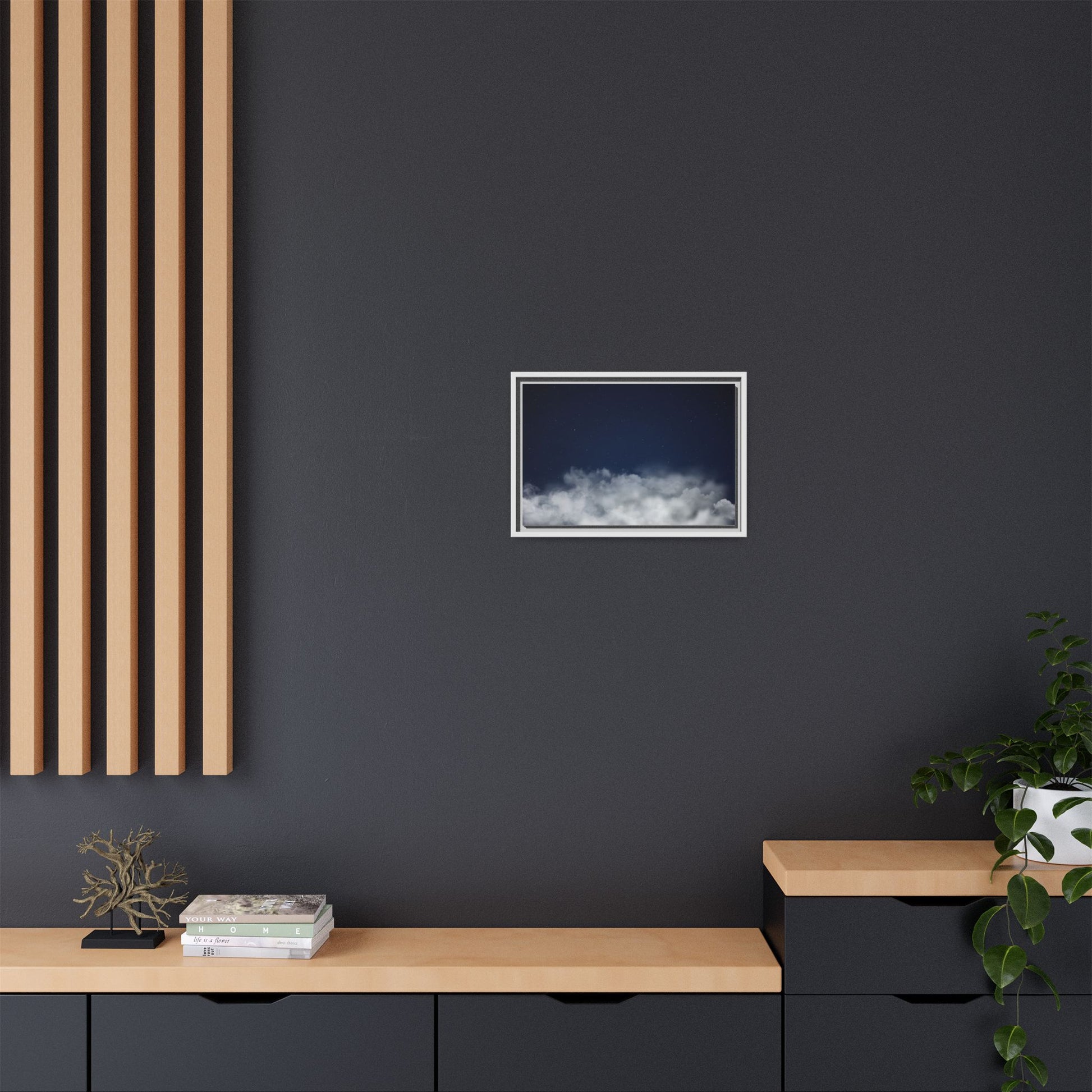 Night Sky Clouds matte canvas framed wall art featuring starry sky and cloud designs, perfect for celestial-themed home decor.