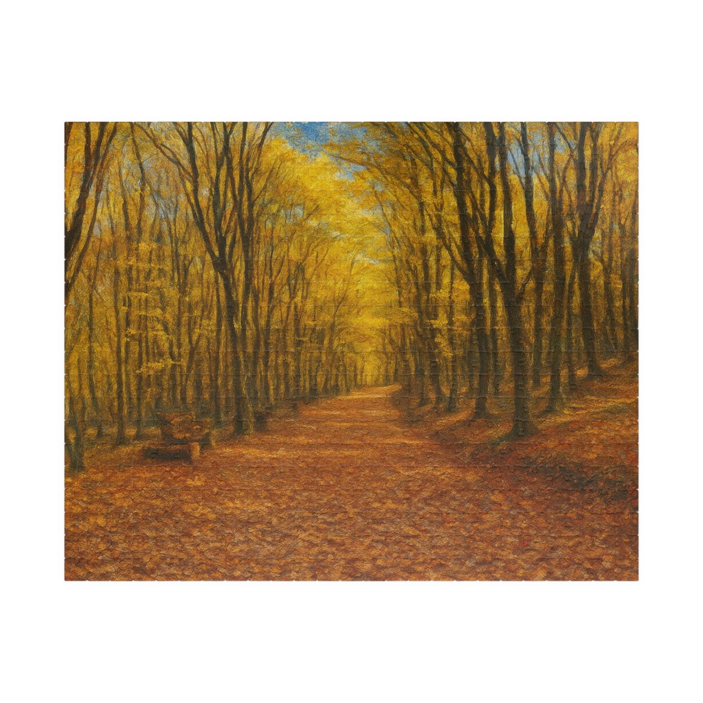 520-piece Autumn Forest Path puzzle by Printify featuring fall trees and vibrant autumn colors in a scenic outdoor setting.