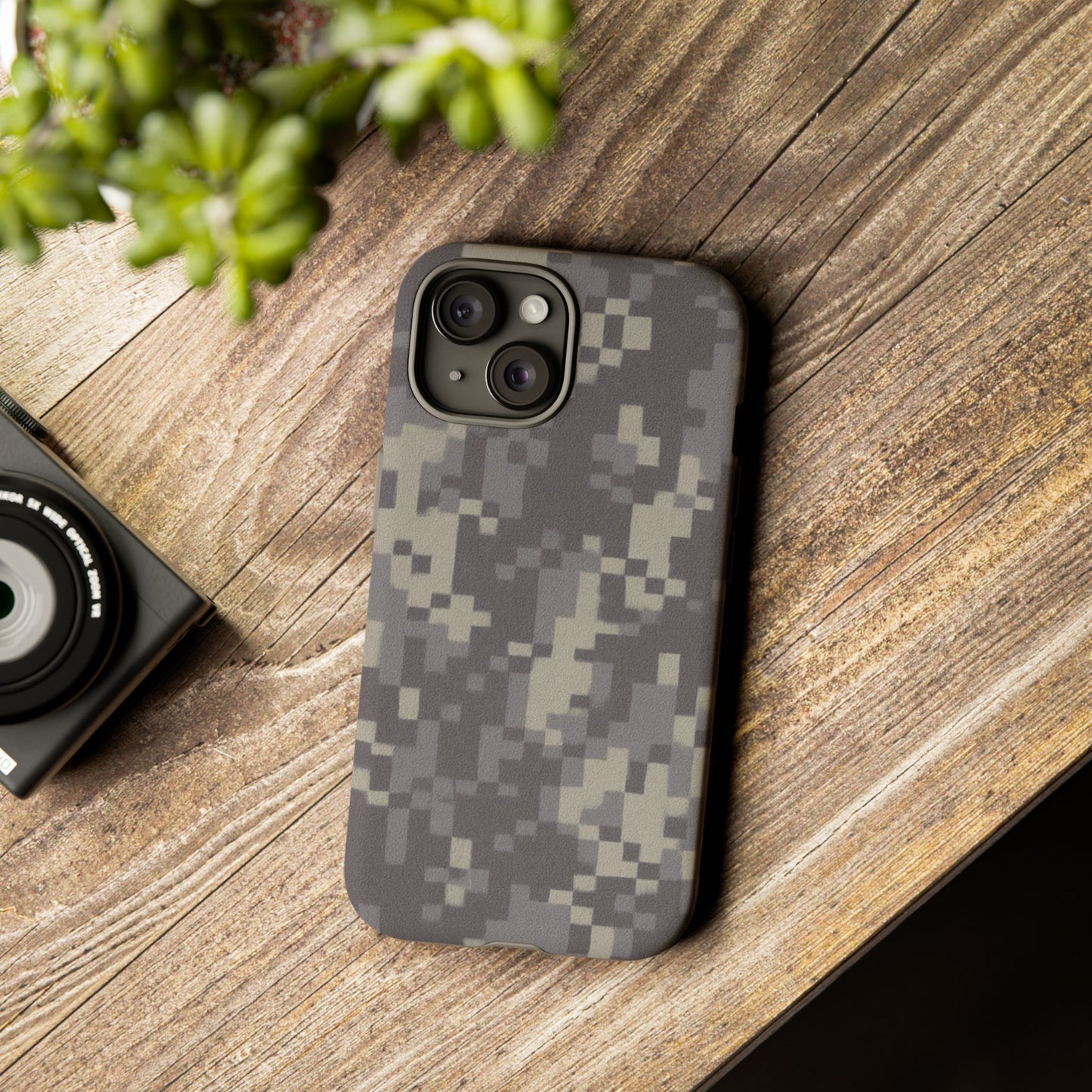 Digital camouflage tough phone case by Printify, rugged protective cover fitting smartphones with a durable camouflage design.