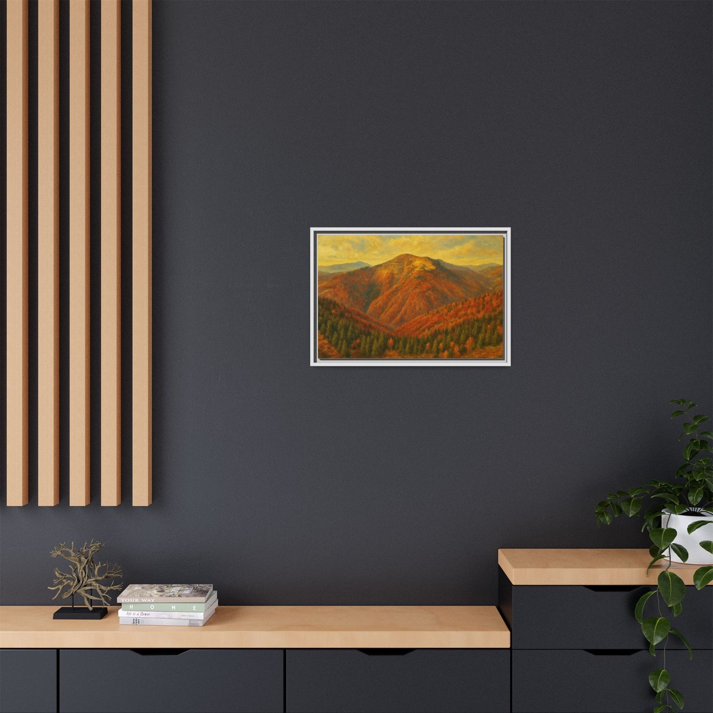 Autumn mountain matte canvas wall art by Printify, showcasing a scenic mountain landscape in warm autumn tones.