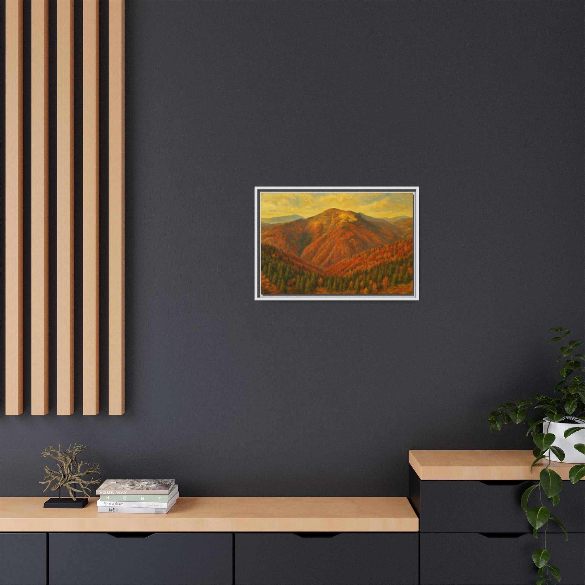 Autumn mountain matte canvas wall art by Printify, showcasing a scenic mountain landscape in warm autumn tones.