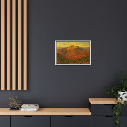 Autumn mountain matte canvas wall art by Printify, showcasing a scenic mountain landscape in warm autumn tones.