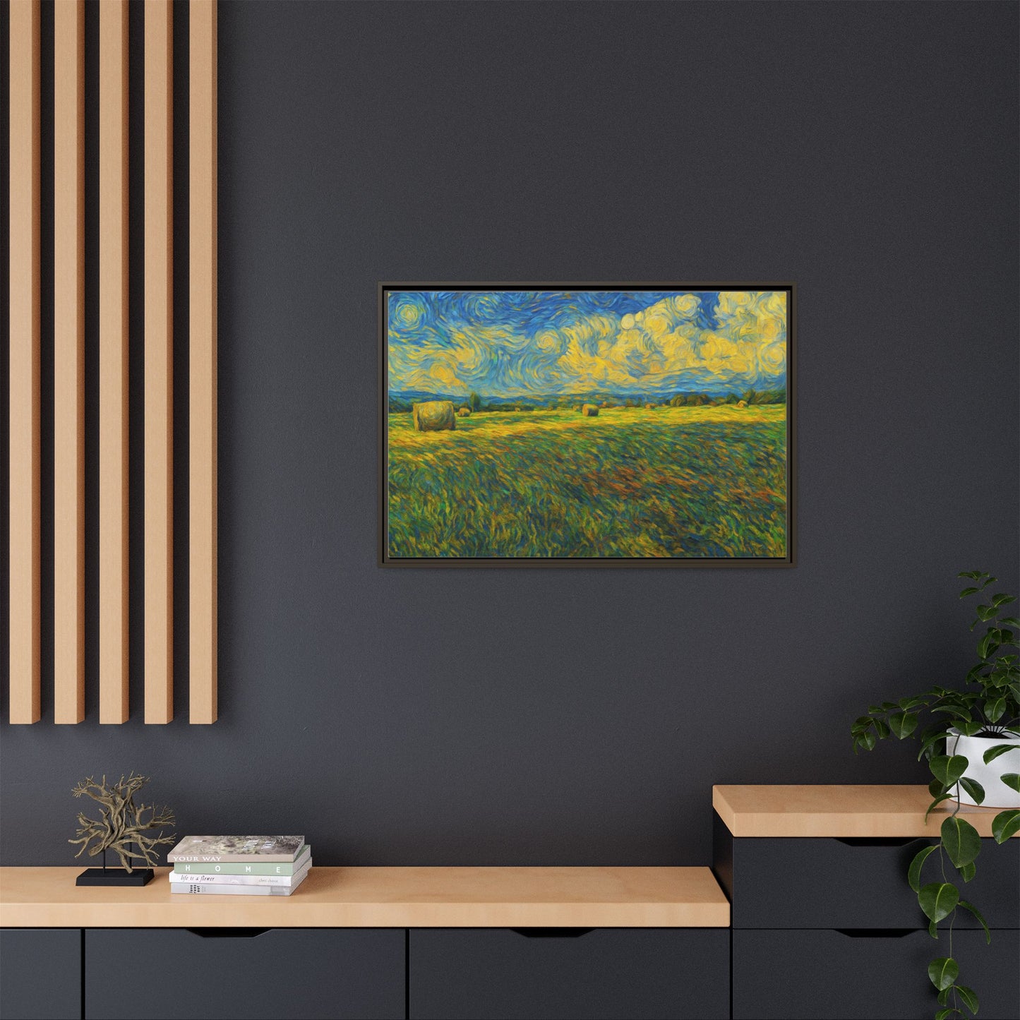Framed landscape matte canvas print with multi-color abstract design, showcasing vibrant colors and modern wall art style.