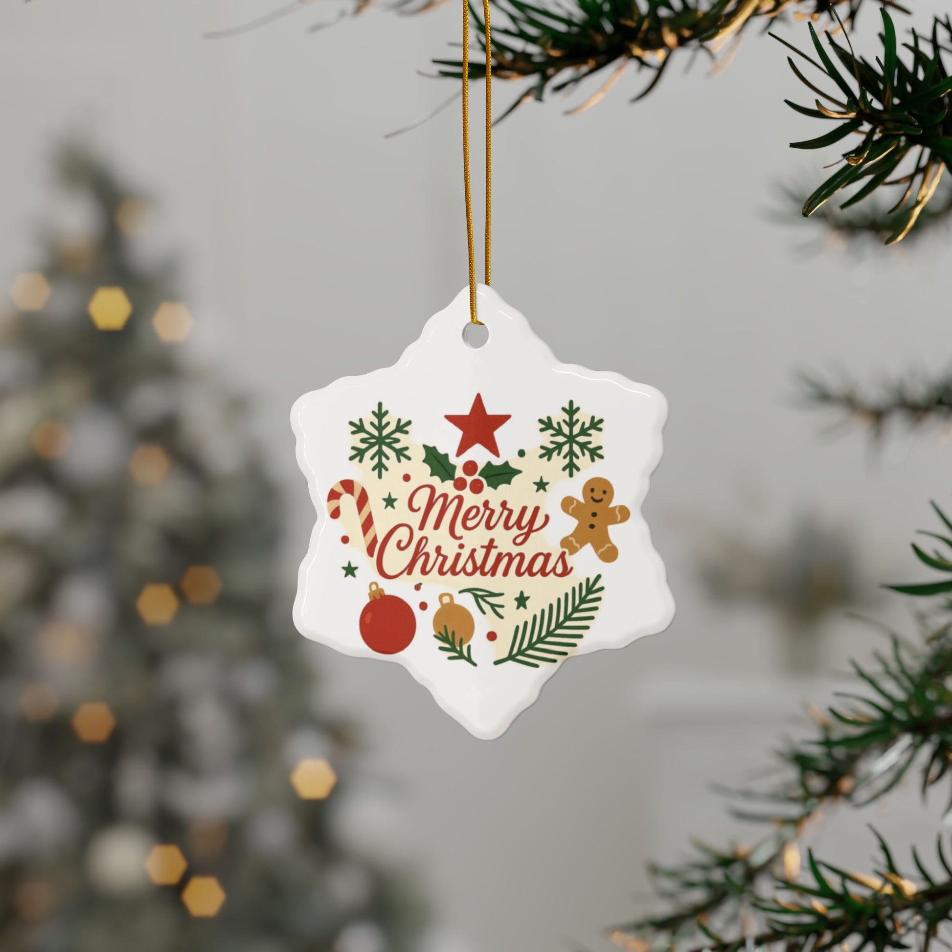 Double-sided Merry Christmas ceramic ornament featuring gingerbread and candy cane holiday tree designs, ideal for festive decorating.