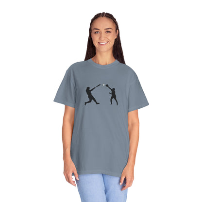 Black baseball silhouette graphic T-shirt for men, featuring minimalistic baseball player design on soft cotton fabric.