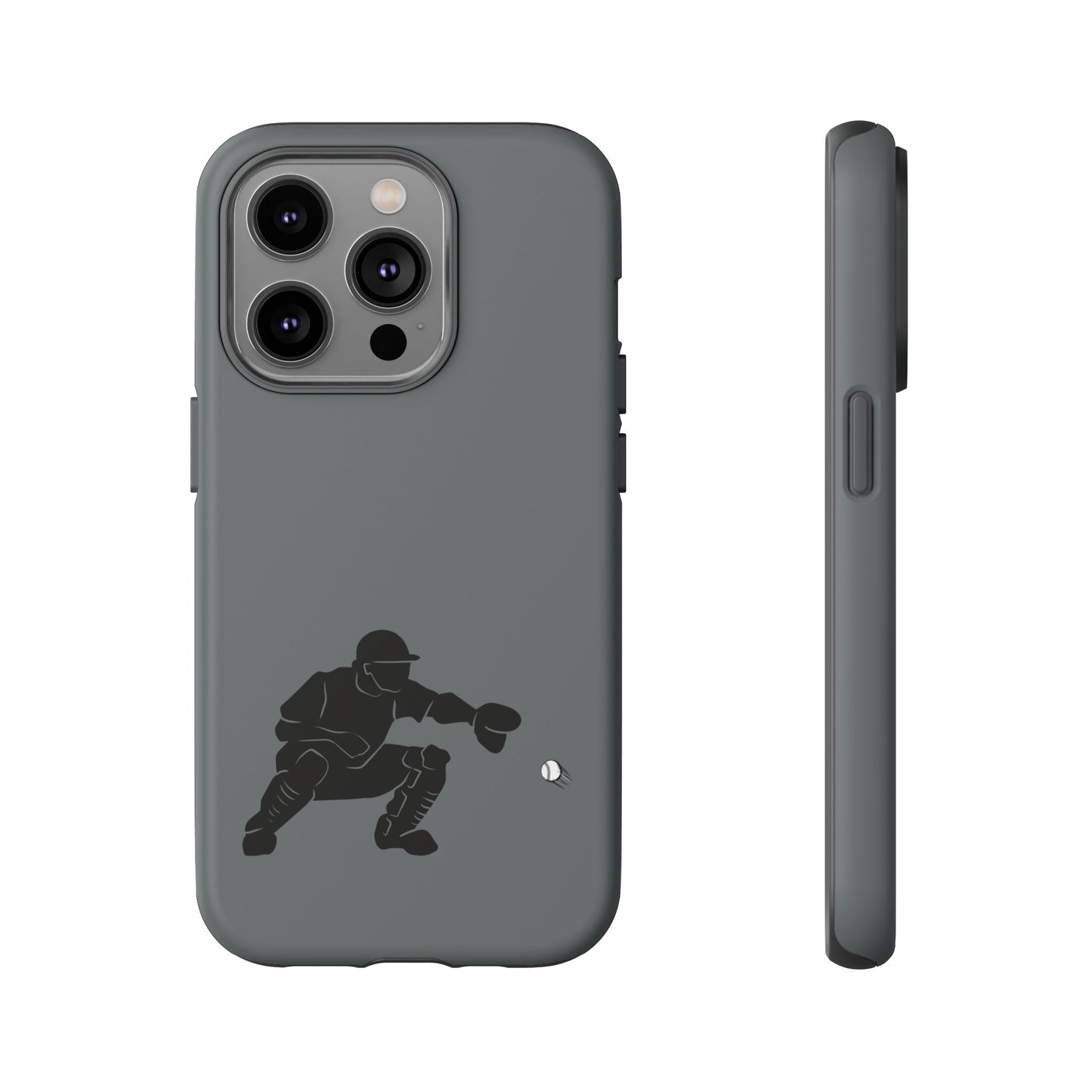Printify baseball catcher phone case, a tough protective cover with a baseball glove and ball design for iPhone or Android.