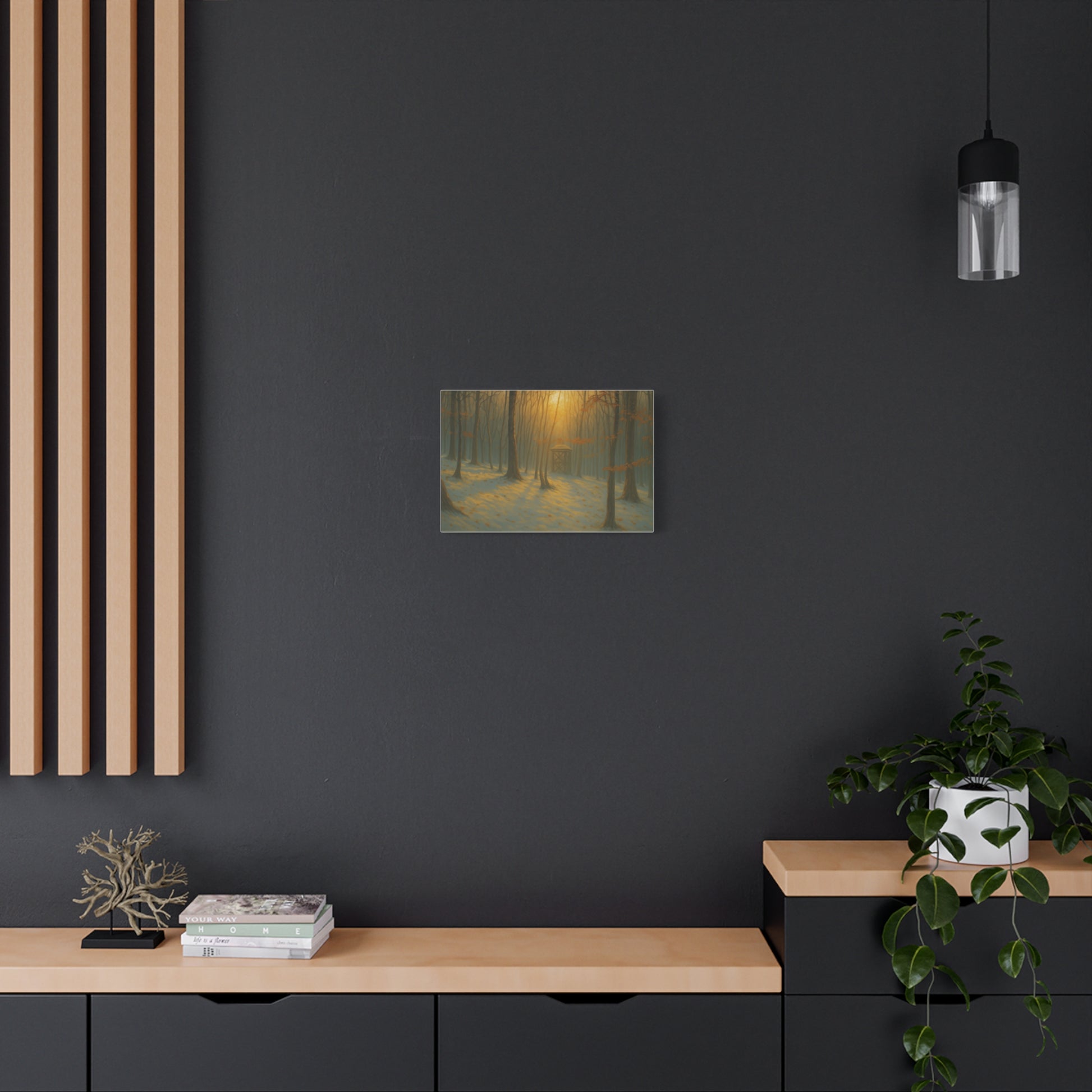 Matte stretched canvas print of a misty forest sunrise depicting a serene natural landscape.