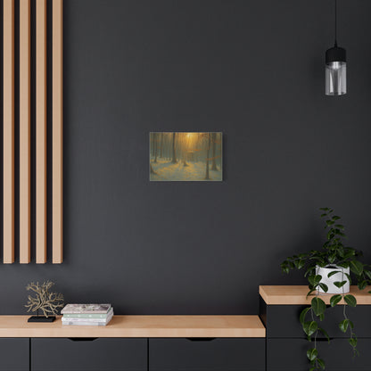 Matte stretched canvas print of a misty forest sunrise depicting a serene natural landscape.