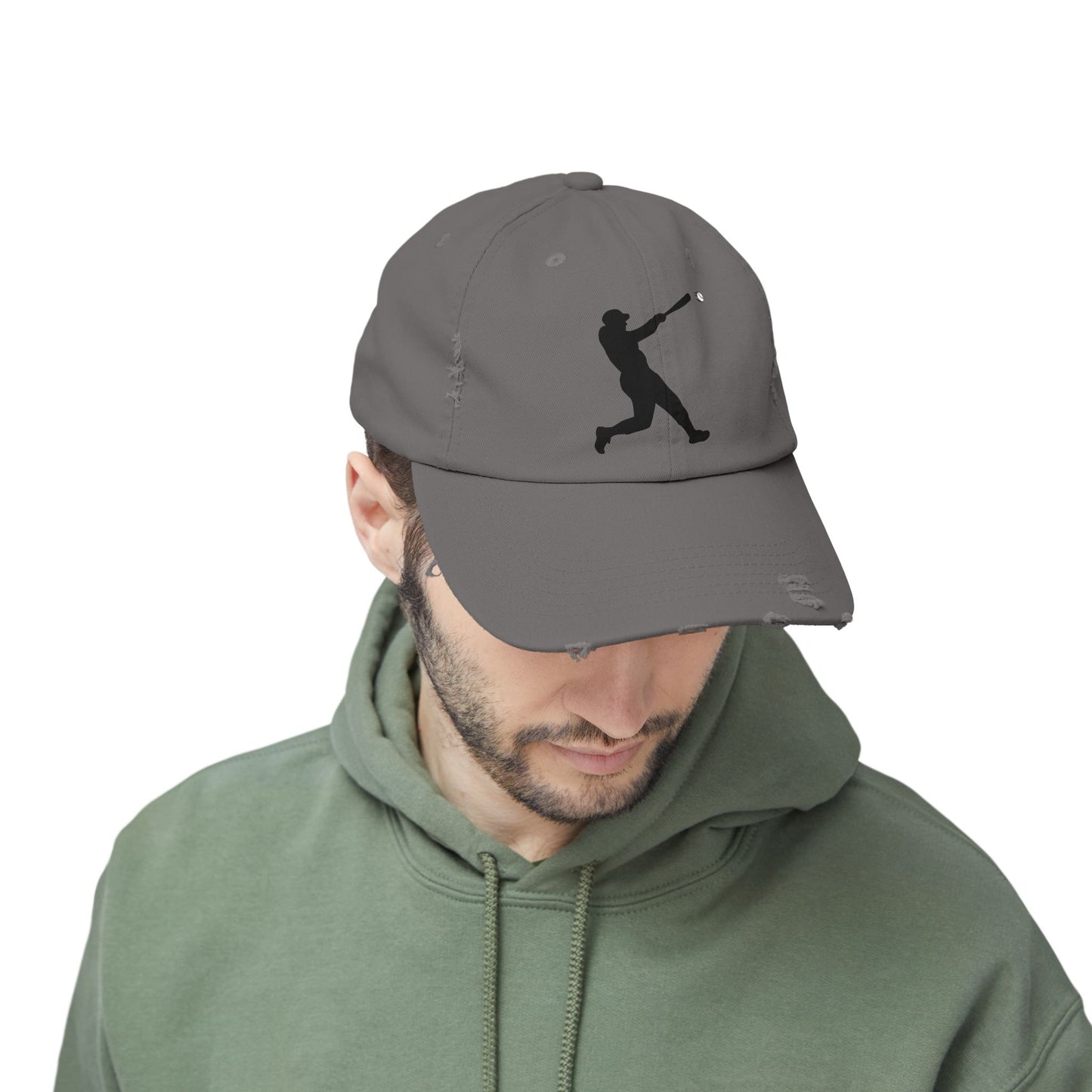 Distressed baseball cap with silhouette batter design, casual hats by Printify featuring a worn, vintage look.
