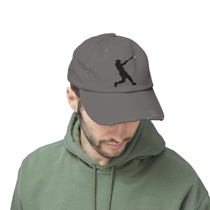 Distressed baseball cap with silhouette batter design, casual hats by Printify featuring a worn, vintage look.