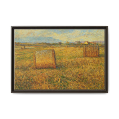Framed matte canvas wall art featuring a rustic hayfield landscape print by Printify