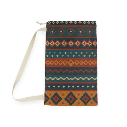 Southwestern Aztec pattern laundry bag by Printify with boho geometric design and drawstring closure, ideal for laundry storage.