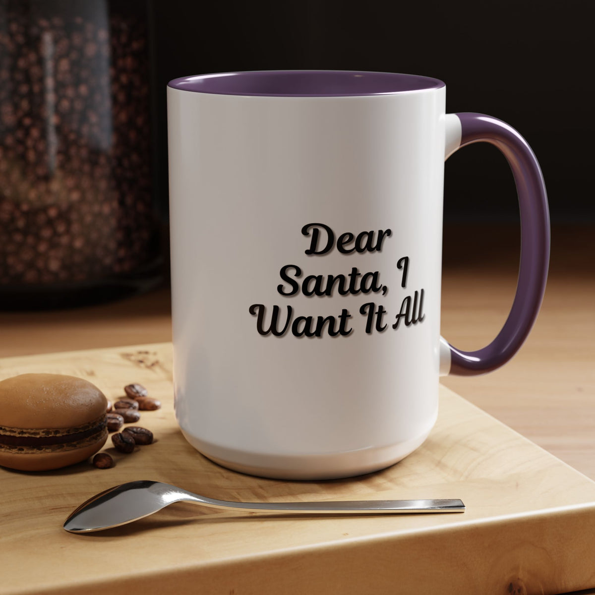 White ceramic "Dear Santa I Want It All" holiday coffee mug with red and green accents, perfect Christmas gift.