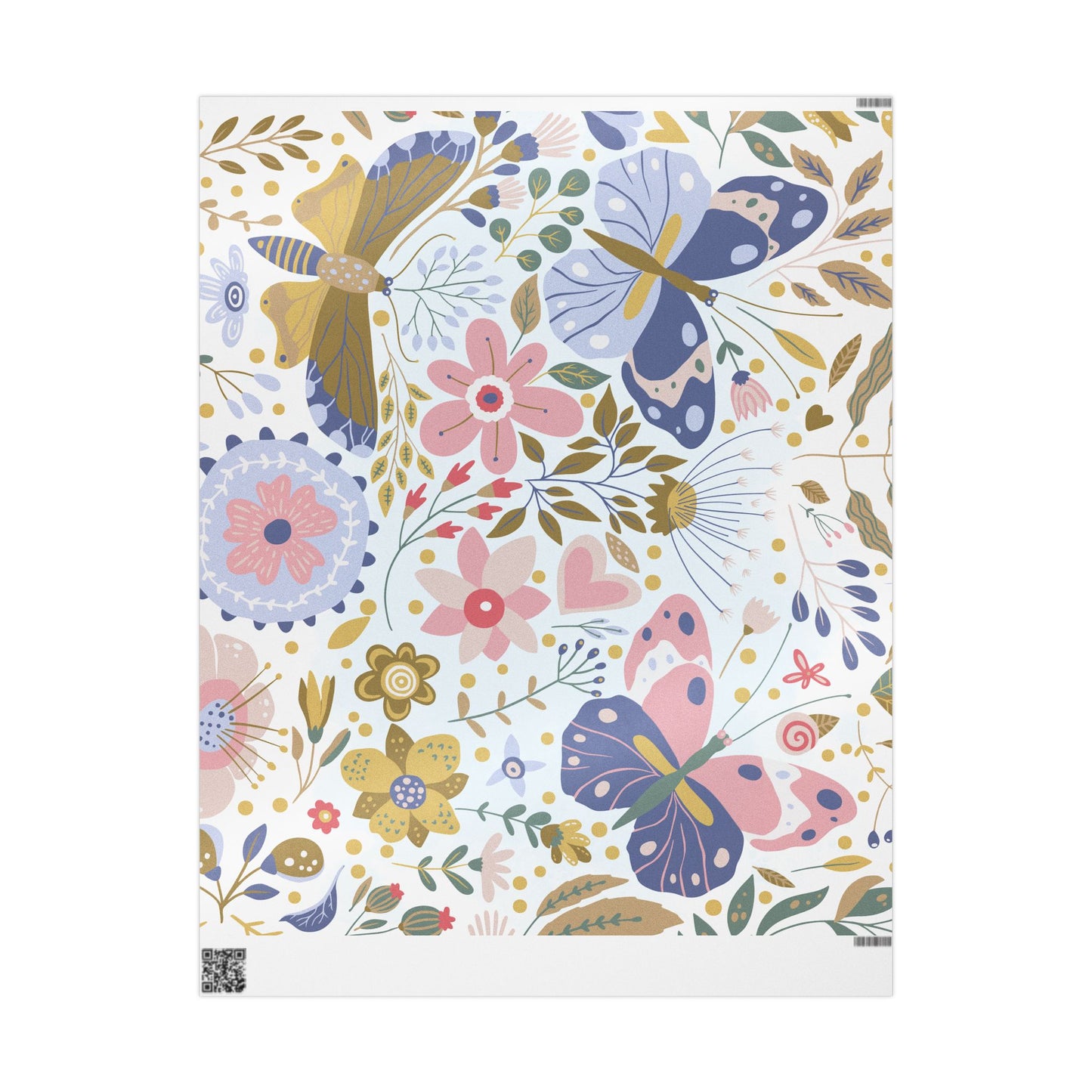 Floral Butterfly Wrapping Paper Roll — Elegant Blue & Gold Garden Gift Wrap