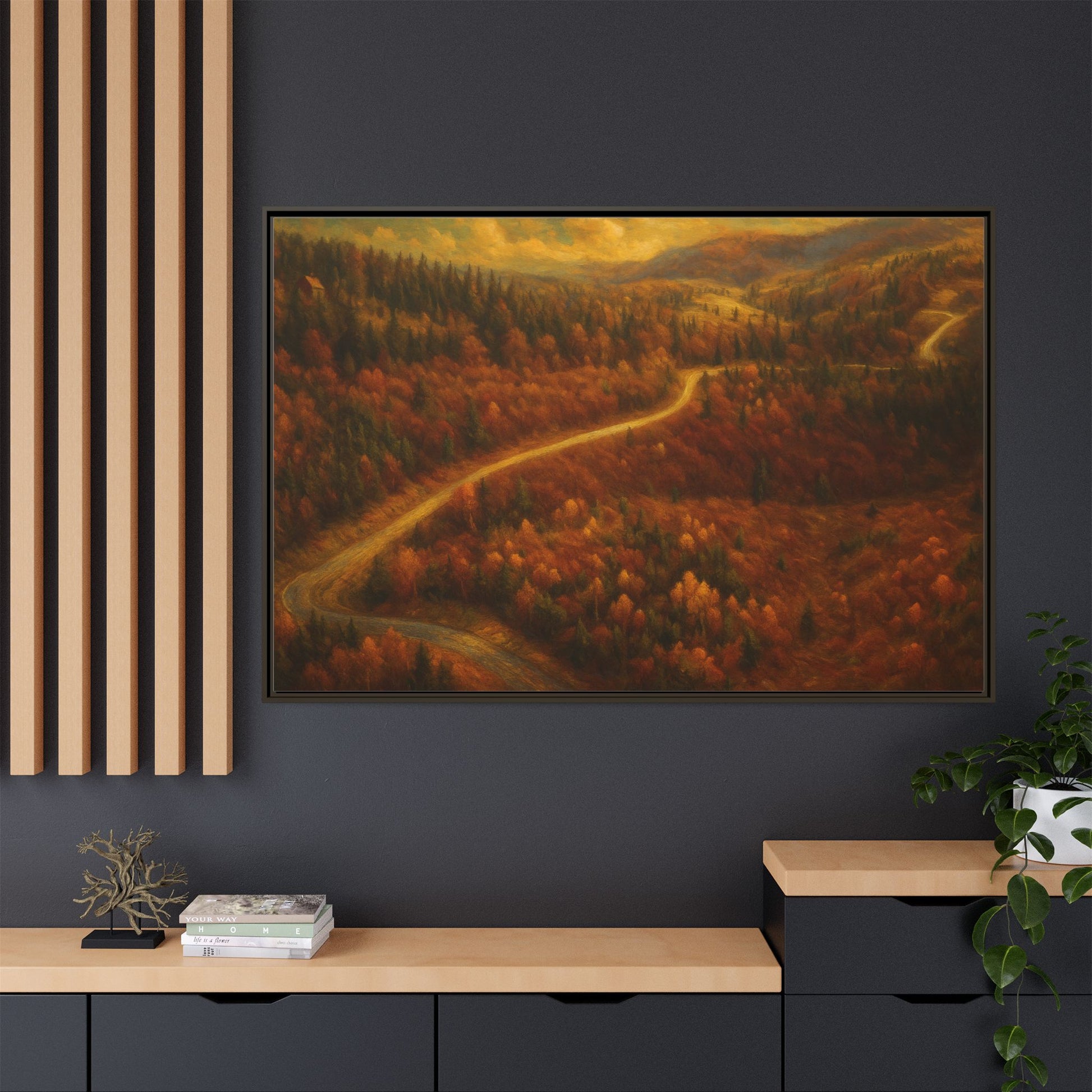Framed matte canvas print of autumn forest road landscape wall art by Printify, showcasing vibrant fall colors and scenic nature view.