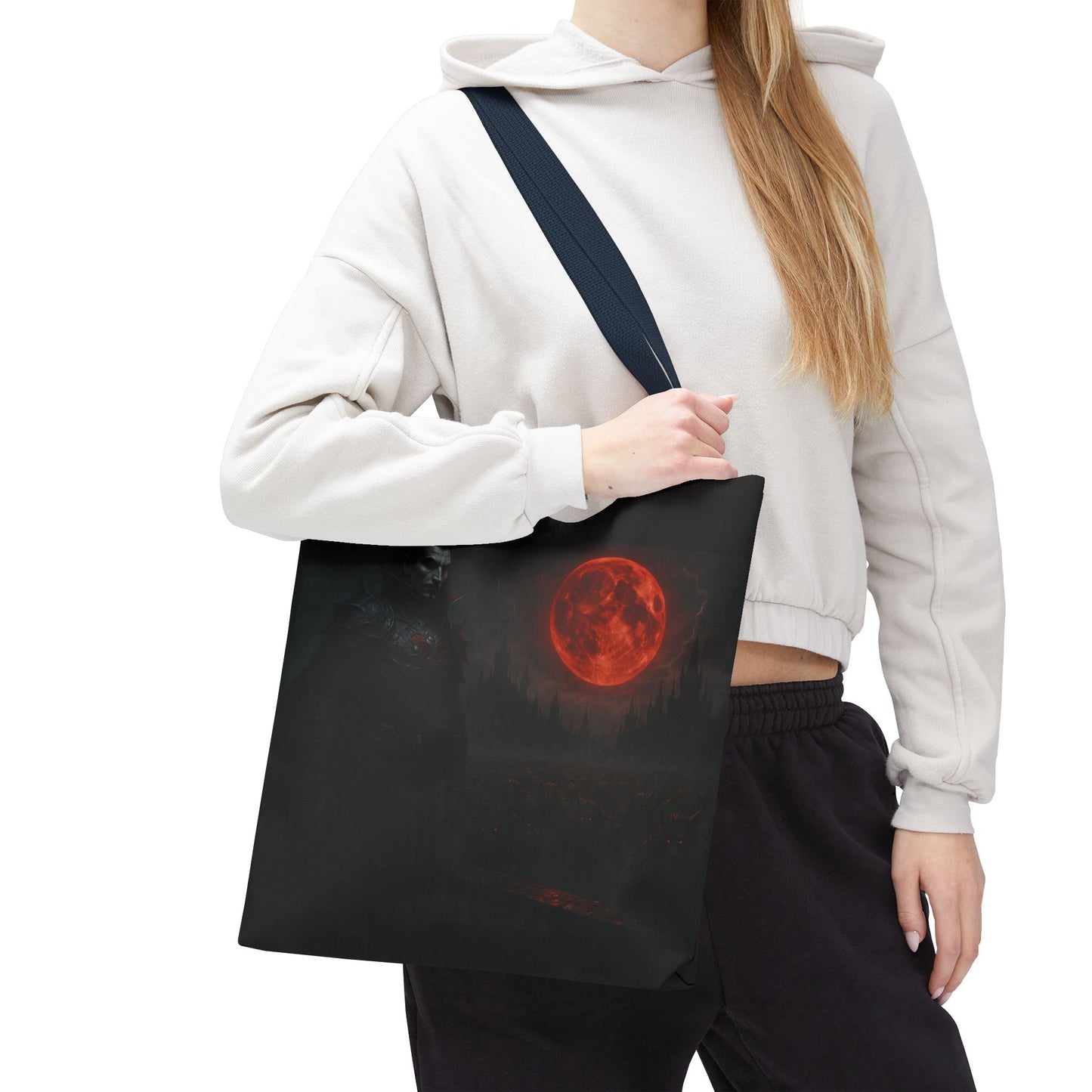 Gothic Dracula tote bag with moonlit vampire art, perfect for Halloween, by Printify. Durable fabric, spacious for daily use.
