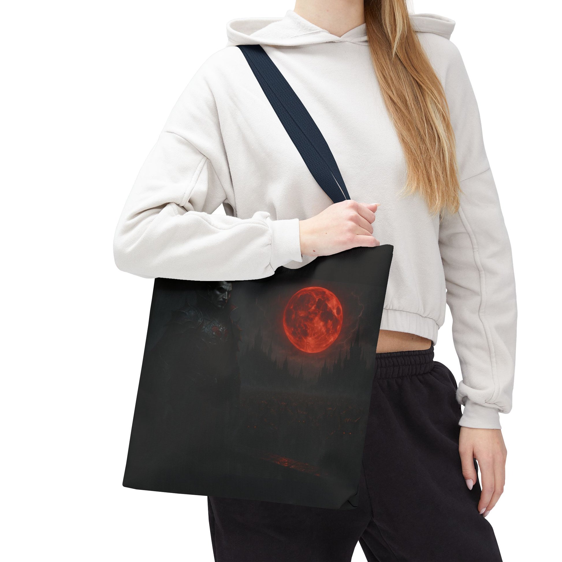 Gothic Dracula tote bag with moonlit vampire art, perfect for Halloween, by Printify. Durable fabric, spacious for daily use.