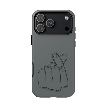 Silicone phone case with embossed Korean finger heart design, compatible with smartphones, by Printify.