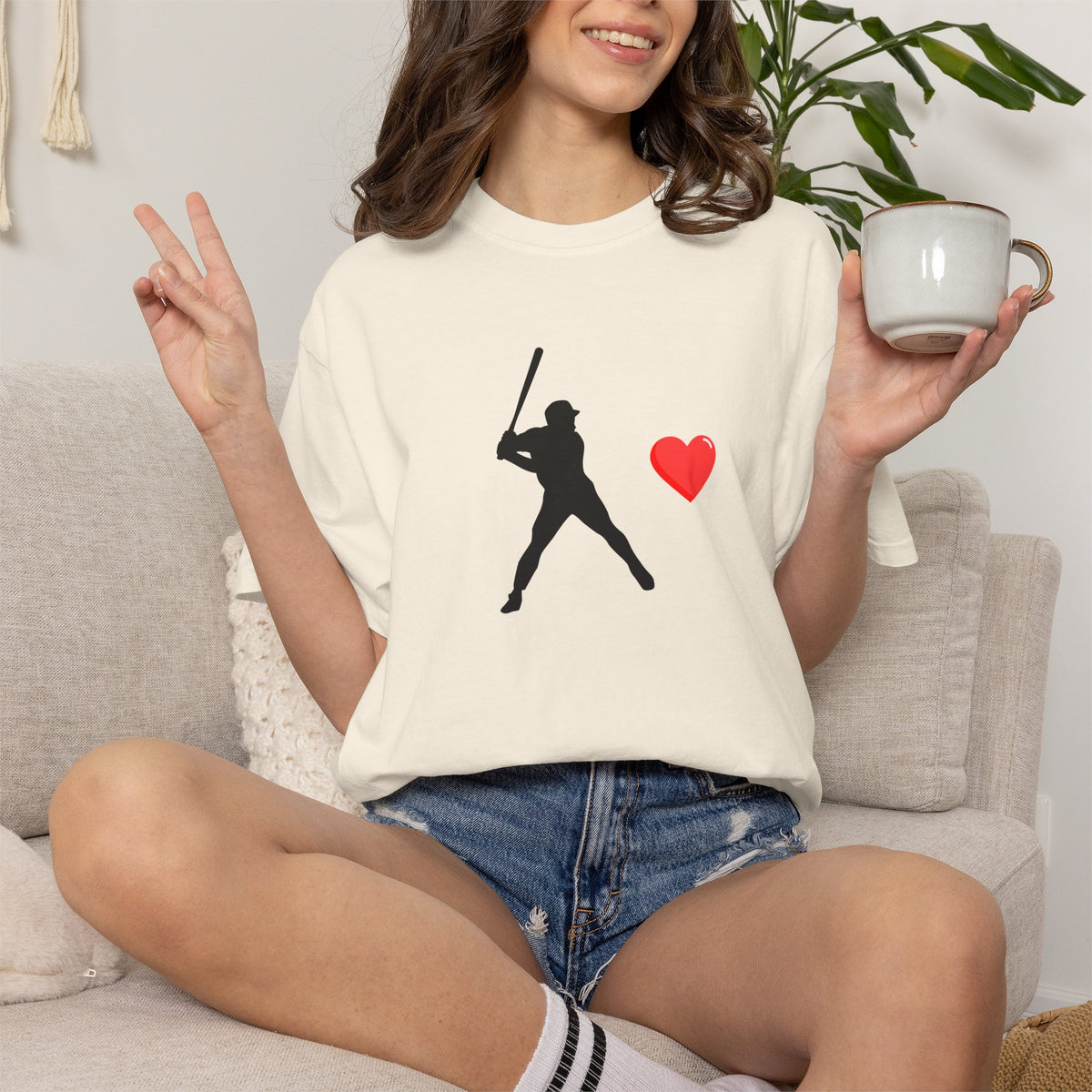 White baseball batter heart T-shirt by Printify featuring a graphic of a batter with a heart-shaped background, casual and stylish.