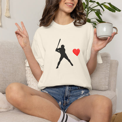 White baseball batter heart T-shirt by Printify featuring a graphic of a batter with a heart-shaped background, casual and stylish.