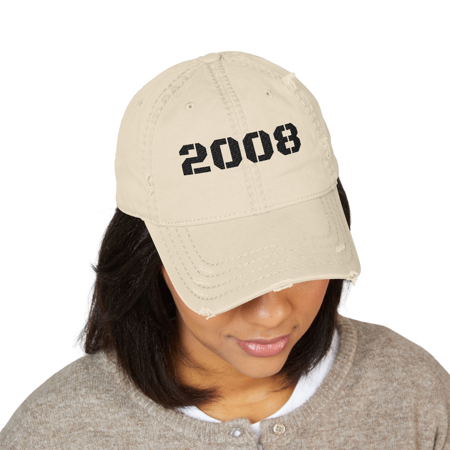 Vintage distressed 2008 dad hat with embroidered design, classic baseball cap style by Printify.