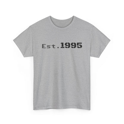 Vintage black T-shirt with "Est. 1995" and minimalist design, made by Printify, celebrating a birth year birthday shirt.