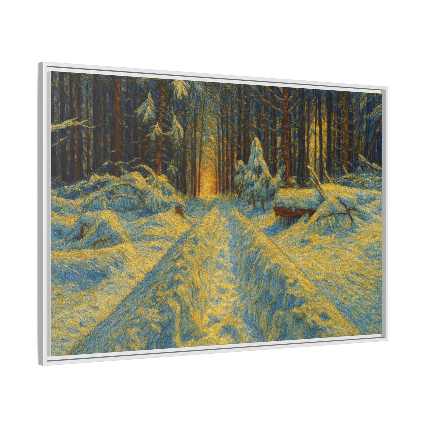 Framed matte canvas print of a snowy forest path at sunset, wall art by Printify showcasing winter landscape and sunset colors.