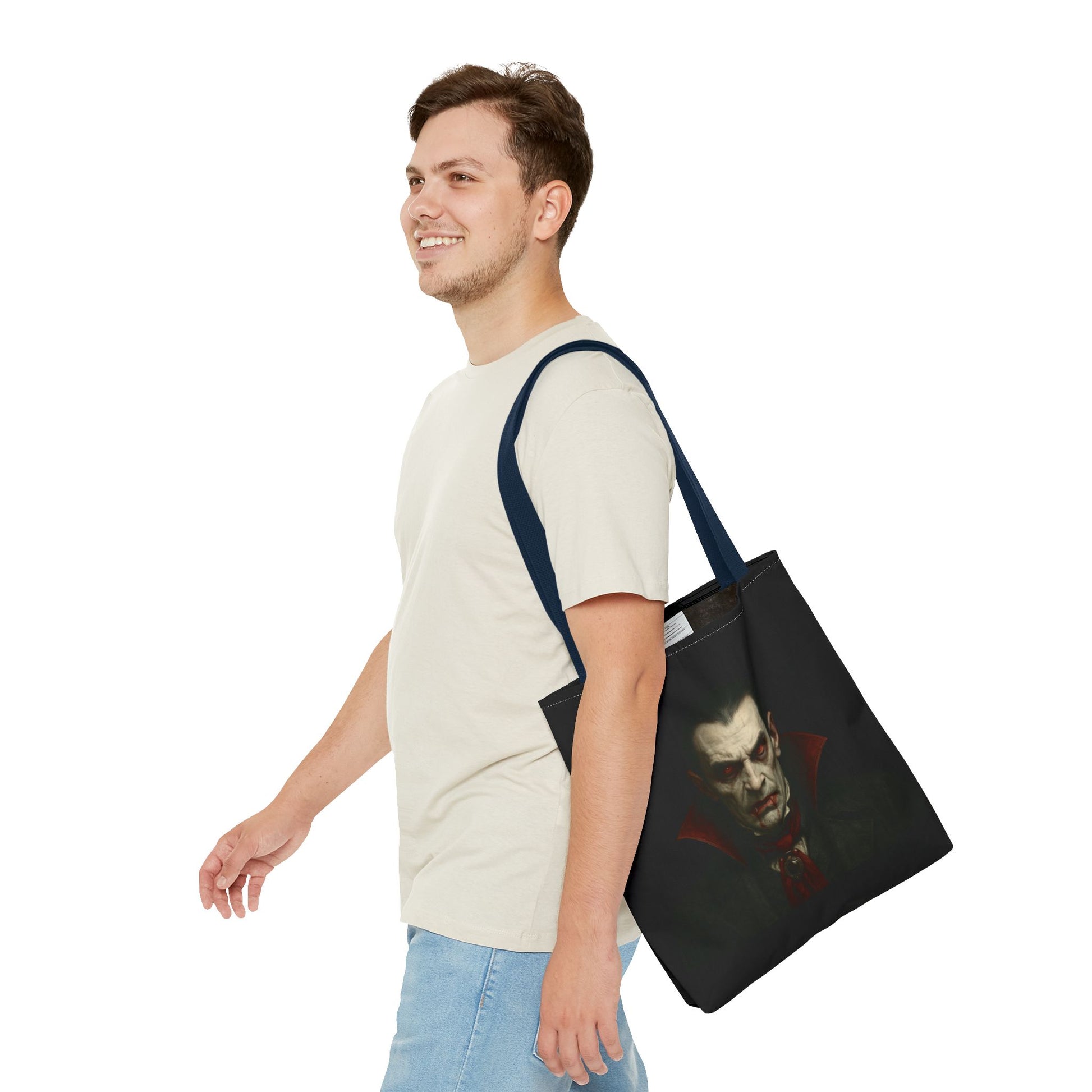 Black vampire tote bag with spooky gothic design, featuring a vampire silhouette and Halloween-themed artwork, from Printify.
