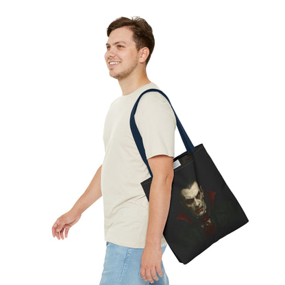 Black vampire tote bag with spooky gothic design, featuring a vampire silhouette and Halloween-themed artwork, from Printify.