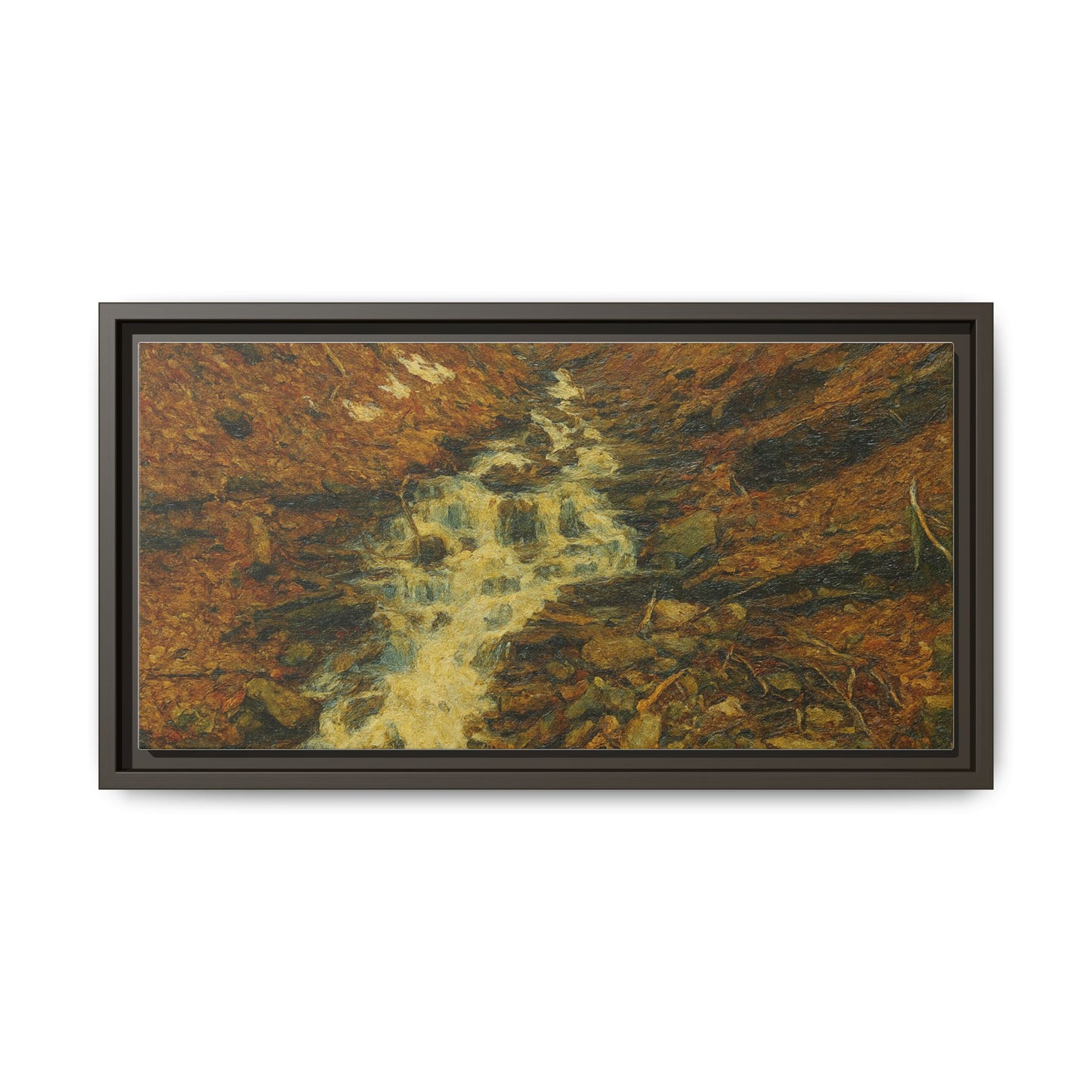 Framed matte canvas print of autumn stream landscape artwork by Printify showcasing vibrant fall colors and natural scenery.
