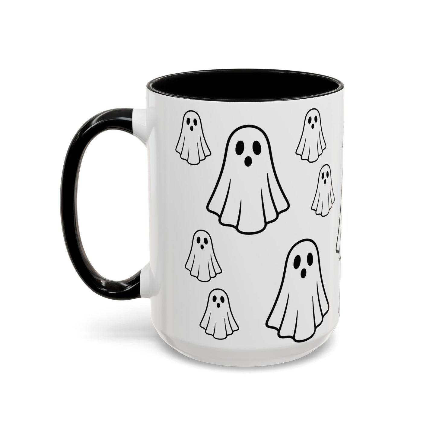 White ceramic coffee mug with ghost pattern, 11oz, featuring a cute Halloween design by Printify.