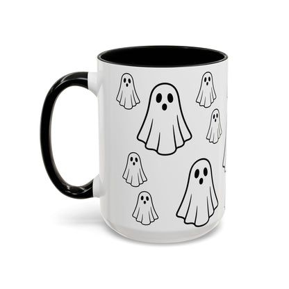White ceramic coffee mug with ghost pattern, 11oz, featuring a cute Halloween design by Printify.