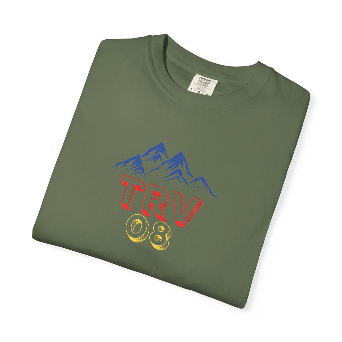 Unisex garment-dyed T-shirt with TRV08 Logo print, casual cotton tee by Printify, displayed flat with visible logo design.