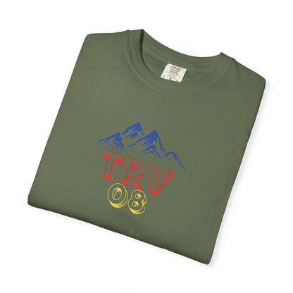 Unisex garment-dyed T-shirt with TRV08 Logo print, casual cotton tee by Printify, displayed flat with visible logo design.