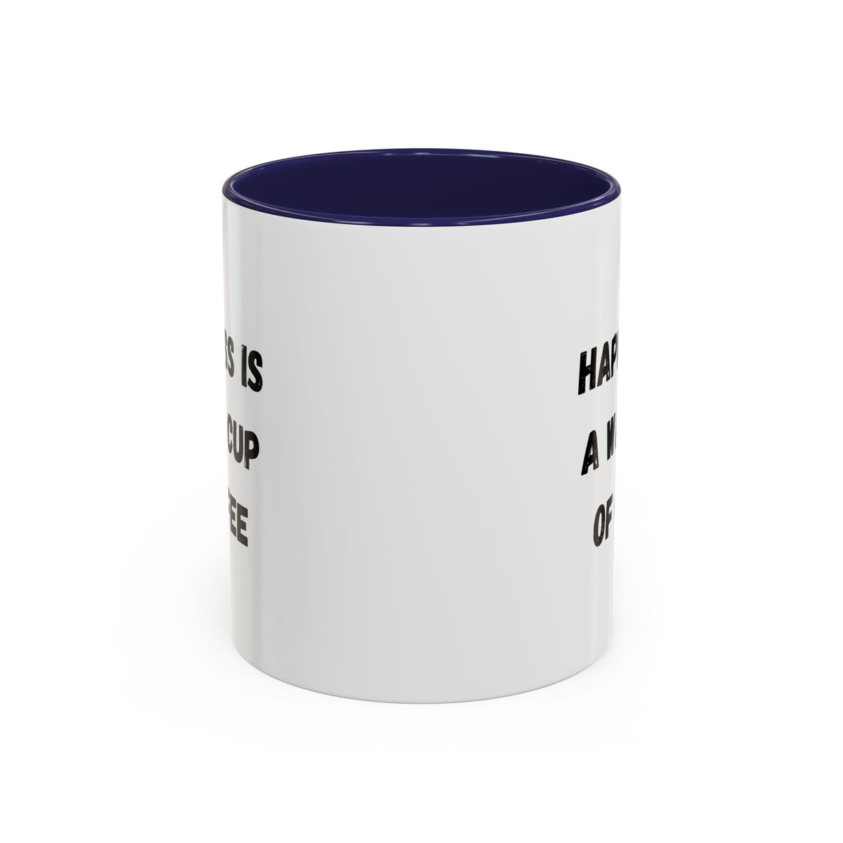 Ceramic coffee mug with "Happiness Is A Warm Cup Of Coffee" printed design, accent mug by Printify, shown on a plain background.