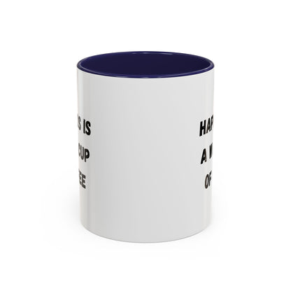 Ceramic coffee mug with "Happiness Is A Warm Cup Of Coffee" printed design, accent mug by Printify, shown on a plain background.