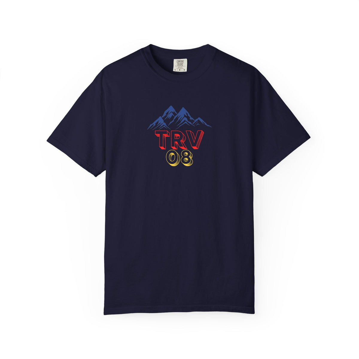Unisex garment-dyed T-shirt with the TRV08 logo, made by Printify, displayed on a plain background.