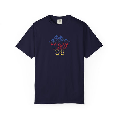 Unisex garment-dyed T-shirt with the TRV08 logo, made by Printify, displayed on a plain background.