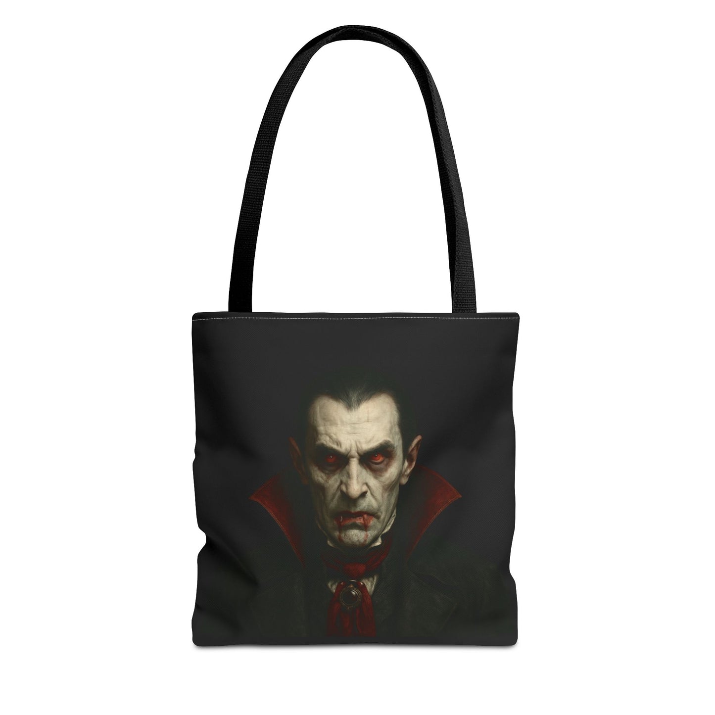 Black vampire tote bag with spooky gothic design, featuring a vampire silhouette and Halloween-themed artwork.