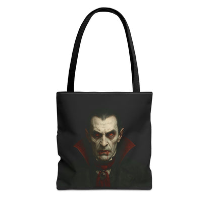 Black vampire tote bag with spooky gothic design, featuring a vampire silhouette and Halloween-themed artwork.