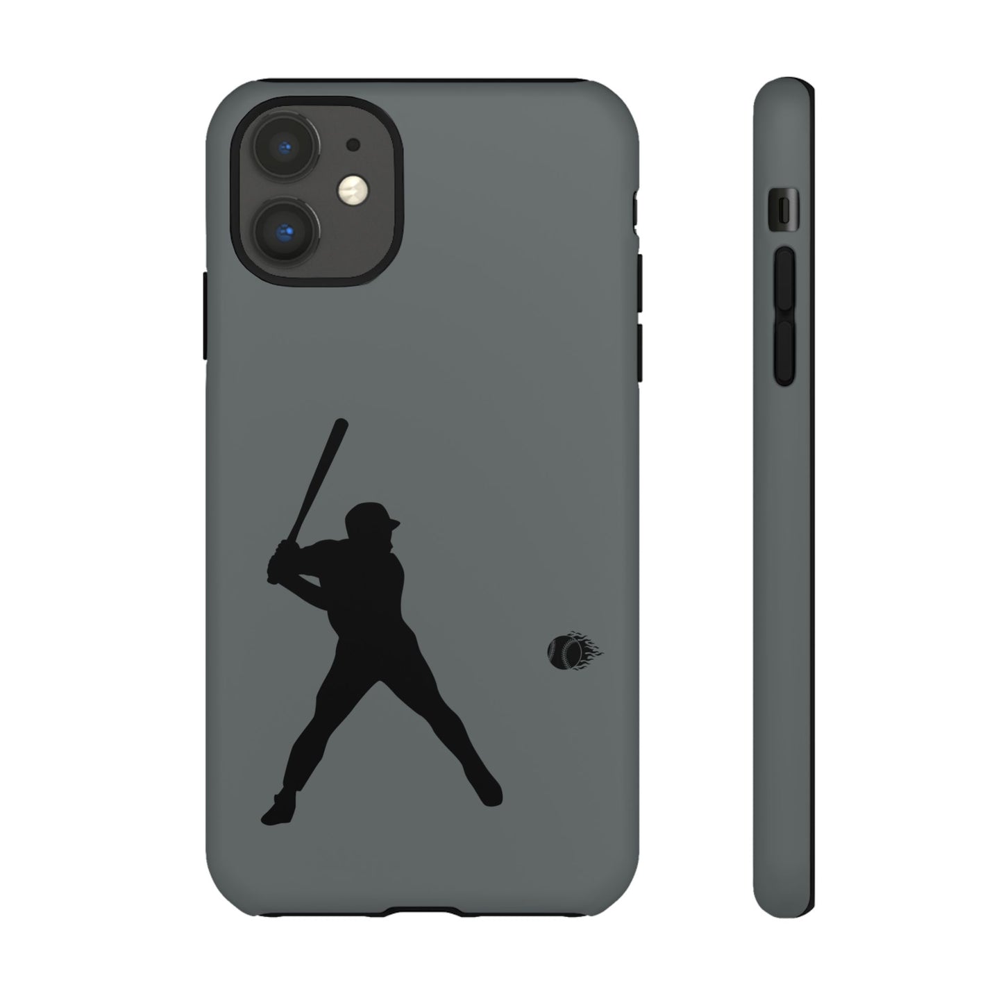 Black baseball silhouette tough phone case for iPhone, protective sporty design by Printify shown on a smartphone.