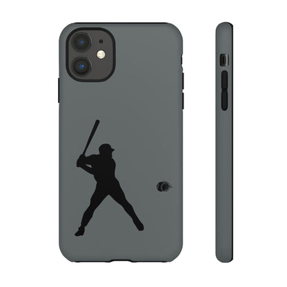 Black baseball silhouette tough phone case for iPhone, protective sporty design by Printify shown on a smartphone.