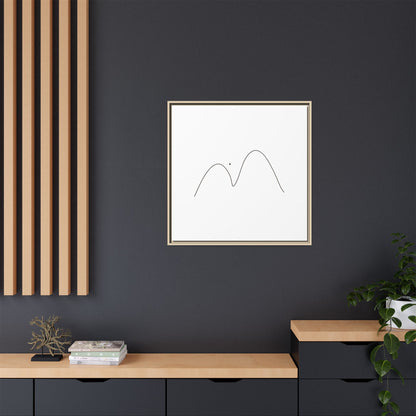 Minimalist mountain line art on framed matte canvas by Printify, featuring simple mountain peaks in black ink.