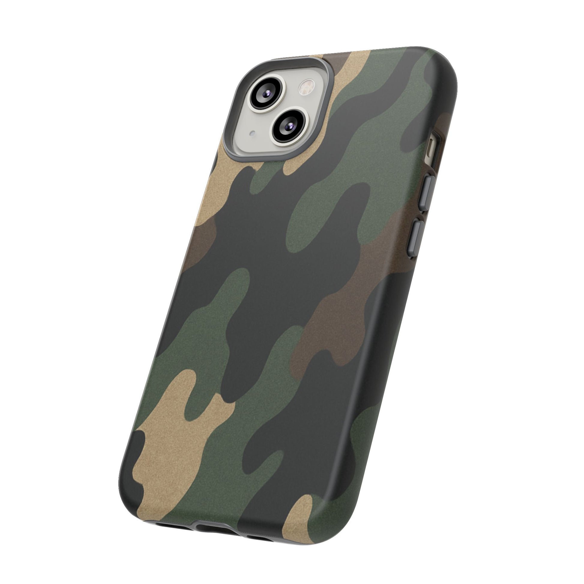 Rugged military green Camo Tough Phone Case by Printify, durable protective cover for a smartphone with camo pattern design.