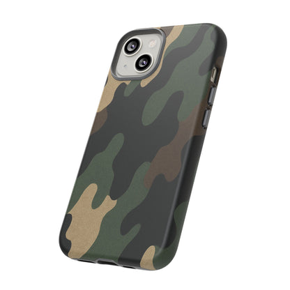 Rugged military green Camo Tough Phone Case by Printify, durable protective cover for a smartphone with camo pattern design.