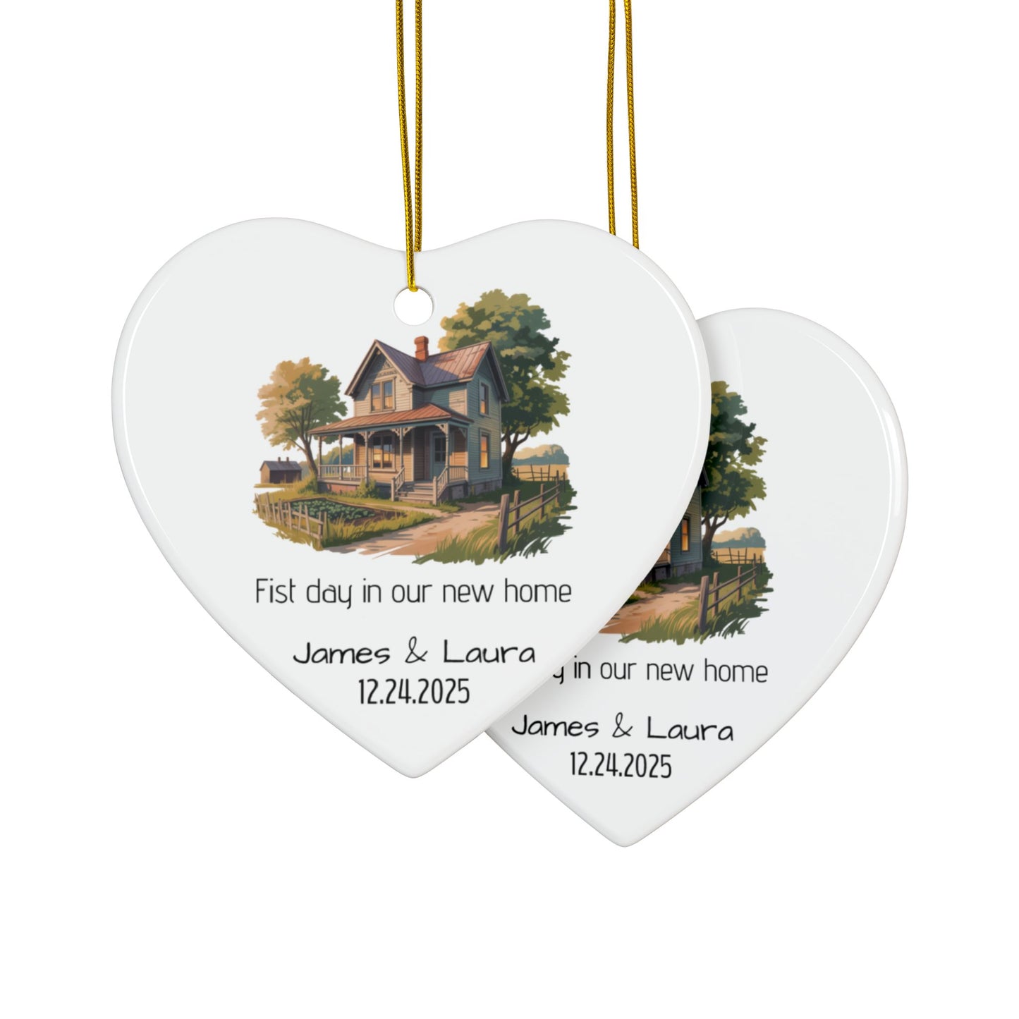 Vintage house illustration ceramic ornament with personalized name and date, featuring detailed artwork and a smooth finish.