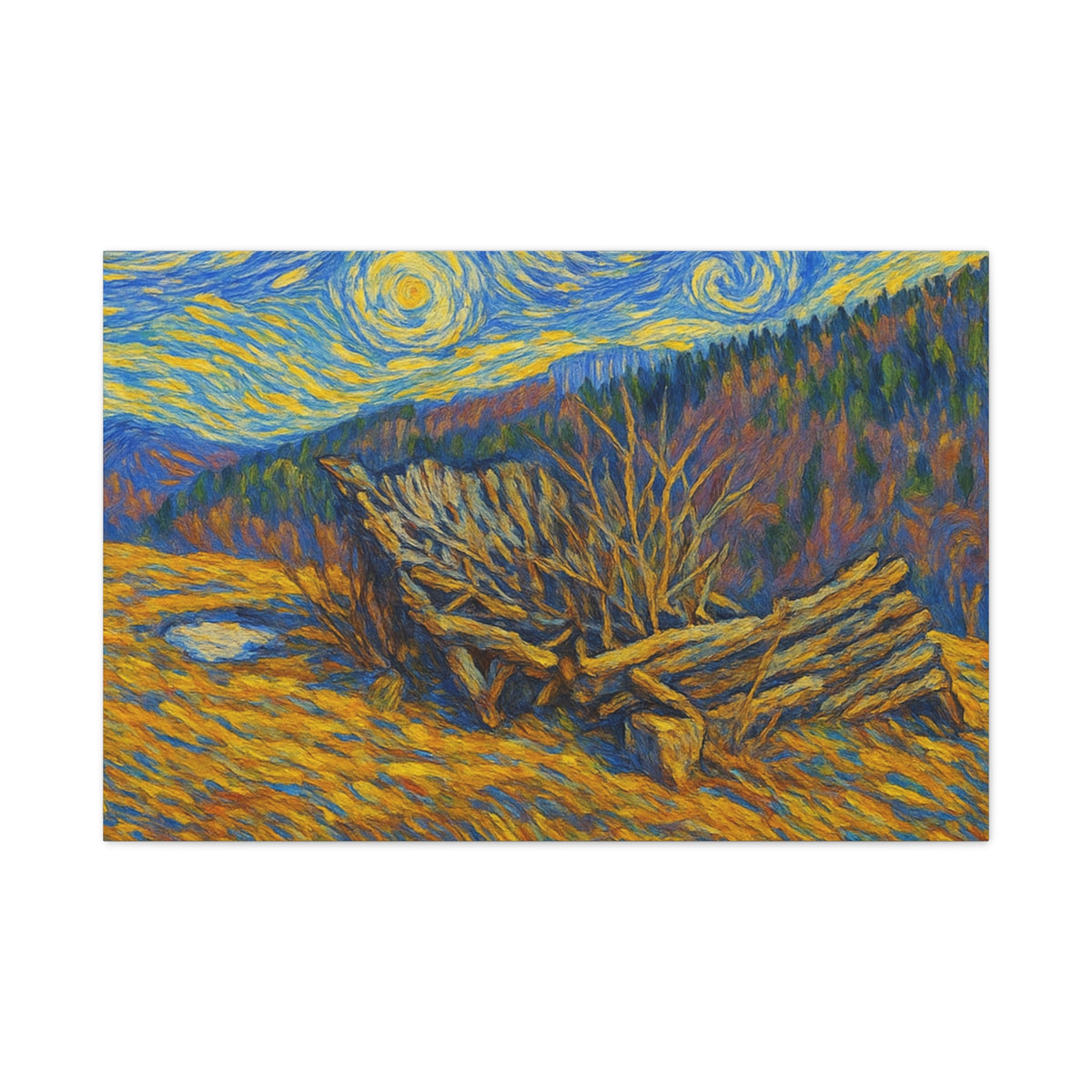 Impressionist Starry Landscape canvas print by Printify, featuring a vibrant night sky with stars and scenic landscape.