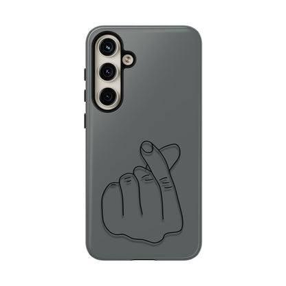 Silicone phone case with embossed Korean finger heart design, compatible with smartphones, by Printify.